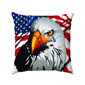 Detail of linen pillow cover with bald eagle and American flag print for patriotic decor