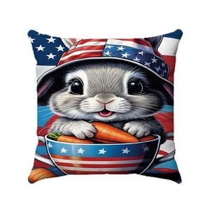 Independence Day linen pillowcase with American flag stars, stripes and cartoon bunny print