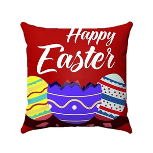 Red Happy Easter pillowcase featuring stars, stripes, and colorful festive eggs for home decor