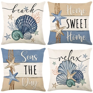 Linen Cushion Cover Ocean Nautical Starfish Shell Theme Decorative Pillow Case For Sofa Home Living Room Digital Print