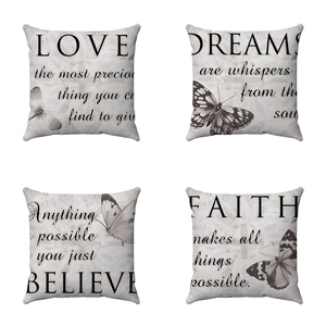 Set of four soft pillow covers featuring butterfly prints and motivational words