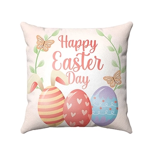 Detail of square Easter pillowcase with Happy Easter print and colorful egg patterns