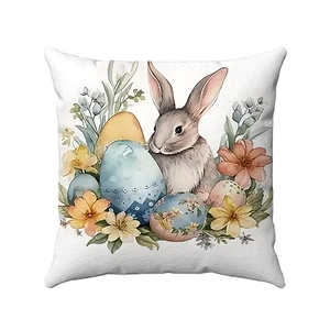 Close-up of Easter flower pillowcase featuring a brown rabbit and colorful eggs