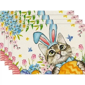 Set of 4 Easter placemats with cat and tulip pattern made of textured linen fabric
