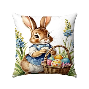 Easter pillowcase 4-piece set featuring a bunny with a flower basket and colorful eggs