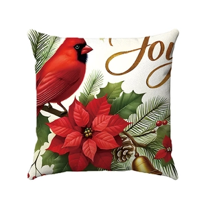 Square soft throw pillow case with red cardinal bird, holly berries, and Joy print