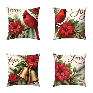 Detailed set of 4 Christmas pillow covers with Believe, Joy, Hope, and Love floral prints