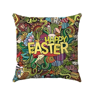 Detail des Happy Easter Leinenkissenbezugs mit bunten Eiern und Hasenmotiven
