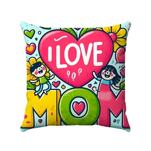 Detailansicht Leinen-Kissenbezug mit buntem I LOVE MOM Cartoon-Druck und Sonnenblumen