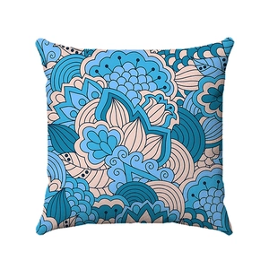 Square bohemian mandala cushion cover with geometric blue and beige patterns for sofa decor