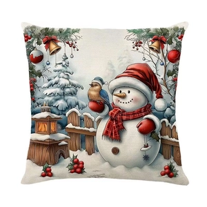 Linen Christmas pillowcase featuring a cute snowman print and winter holiday decorations