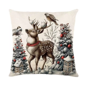 Detailed view of linen Christmas pillowcase featuring reindeer and snowman prints