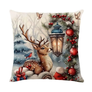 Detail of linen pillowcase with Christmas reindeer, festive lantern, and berry print