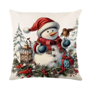 Detailed macro view of linen Christmas pillowcase with snowman and pine branch pattern