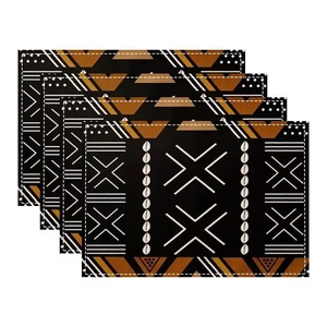 Set of 4 geometric black and gold bohemian placemats with tribal patterns for dining tables