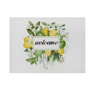 Detailed texture of cotton linen placemat with lemon fruit print and welcome text