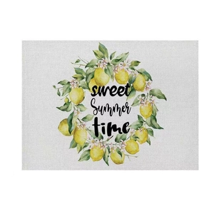 Detail of cotton linen placemat with yellow lemon wreath and sweet Summer time text