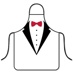 Dettaglio del grembiule smoking creativo con bavero nero e fiocco rosso decorativo