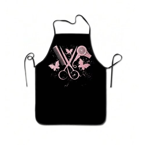 Waterproof salon apron with pink glitter hair styling tools print and neck strap