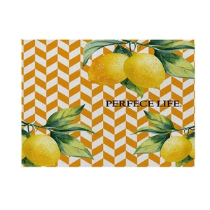 Detail of rectangular lemon placemat with chevron pattern and PERFECE LIFE text