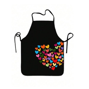 Close-up of colorful heart pattern printed on black waterproof cooking apron