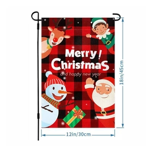 Christmas garden flag with Santa, snowman and elk in red buffalo plaid, 12x18 inch size