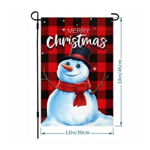 Detail of 12x18 inch Christmas snowman garden flag with Buffalo Plaid and black metal pole