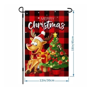 Detailed view of Merry Christmas garden flag with reindeer and 12x18 inch size guide