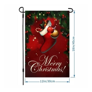 Garden flag detail showing textured fabric with Merry Christmas print and dimensions