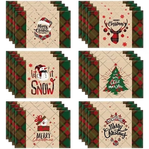 Christmas Placemats For Dining Table Reindeer Snowman Tree Plaid Linen Polyester Heat Resistant Non-Slip Table Mats Holiday Home Kitchen Decor