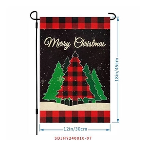 Detailed view of Merry Christmas garden flag with size specs 12x18 inch and black metal stand