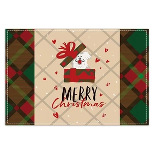 Christmas placemat with dog in red gift box and festive plaid border for table decor