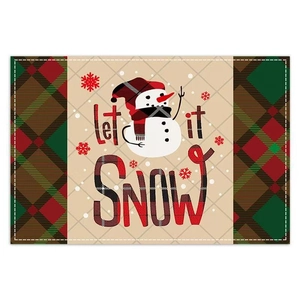 Detail of Christmas snowman table mat featuring red plaid patterns and let it SNOW text