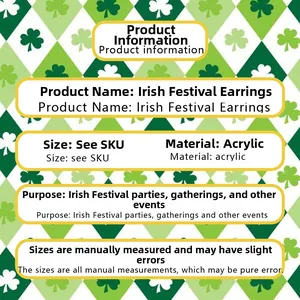 Produktdatenblatt für St. Patrick's Day Acryl-Kleeblatt-Ohrringe mit Maßen und Materialinfo