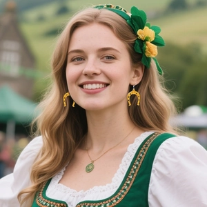 Detailaufnahme goldener Hufeisen-Glitzerohrringe passend zum St. Patrick's Day Outfit