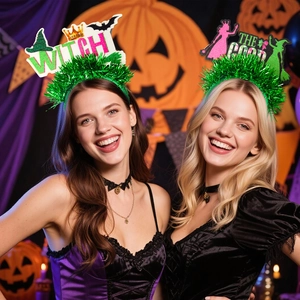 Halloween witch headbands with green tinsel and glitter crowns for birthday party props