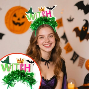 Green tinsel Halloween witch headband with glitter letters and festive party decorations