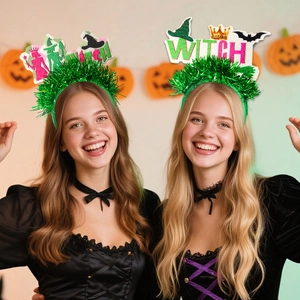 Festive Wicked witch headbands with pink and green crown sequins for party decoration