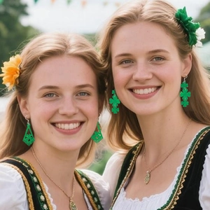 Green glitter shamrock and clover hat dangle earrings for St. Patrick's Day celebration