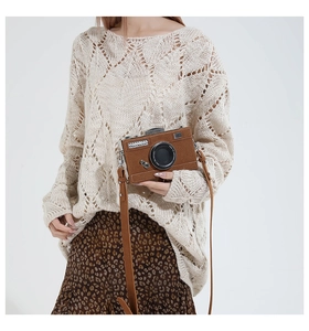 Detail of creative vintage camera bag showing the realistic lens design and brown leather texture