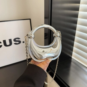 Mirror silver crescent handbag with round handle and metal chain strap for women