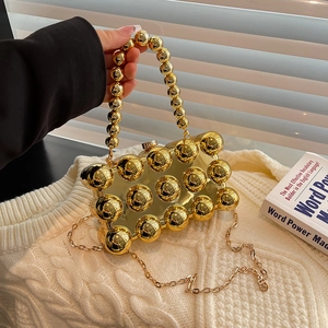 Women Acrylic 3D Ball Evening Bag Vintage Glossy Party Clutch With Gold Chain Crossbody Handbag For Wedding Banquet Party