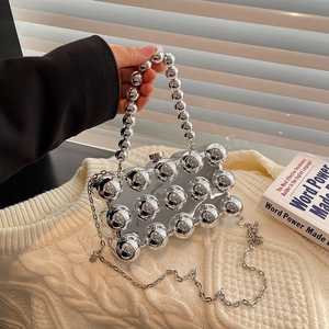 Chic silver spherical evening bag with metal bead handle and detachable chain strap