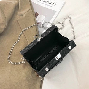Detail of black snake-pattern camera bag with silver chain strap and metal clasp