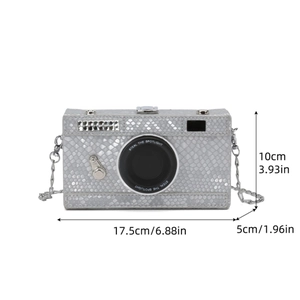 Silver camera-shaped crossbody bag with snake texture and chain strap for women