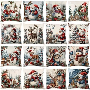 Christmas Linen Pillowcase Decorative Cushion Cover Snowman Reindeer Printed Square Throw Pillow Cover For Home Sofa Decor