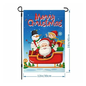 Close-up of 12x18 inch Christmas garden flag showing Santa and Snowman on burlap fabric