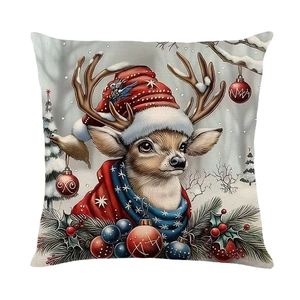 Christmas reindeer linen pillow cover with festive winter snowman illustration design