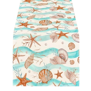 Linen table runner with blue sea shells and starfish ocean theme decoration for dining table