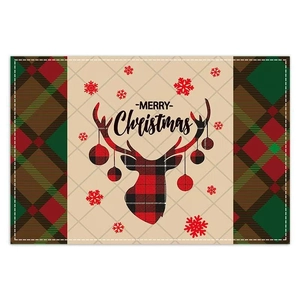 Close-up of Christmas reindeer placemat with red-green plaid borders and snowflakes